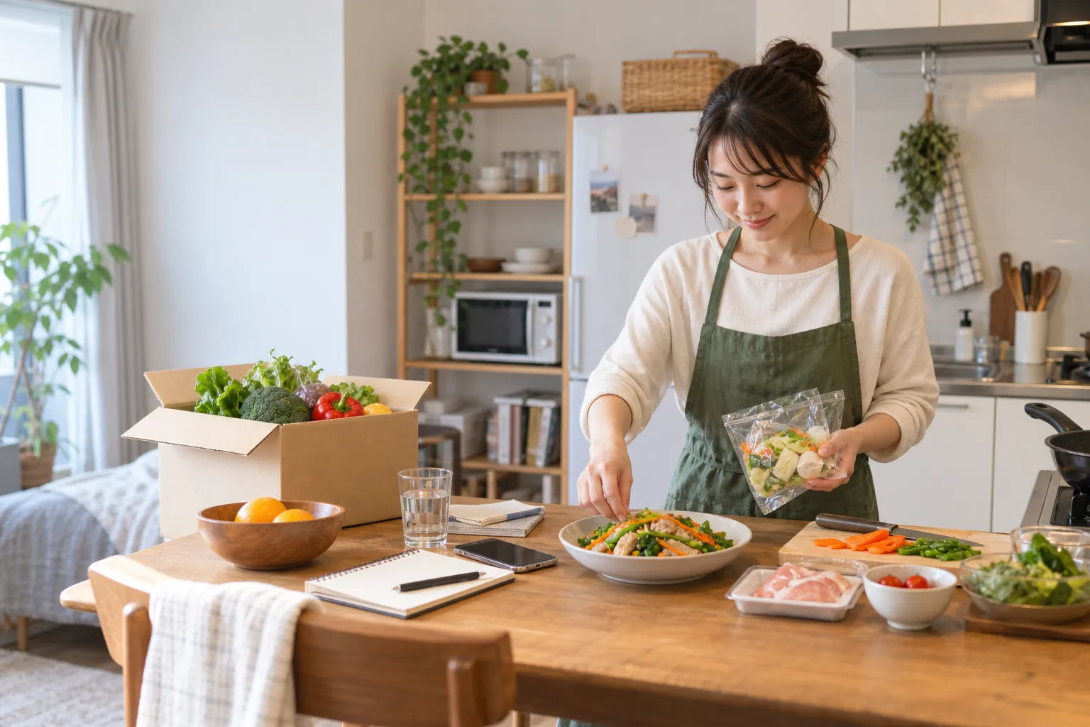 一人暮らしでOisixの食材を使って夕食を準備するイメージ